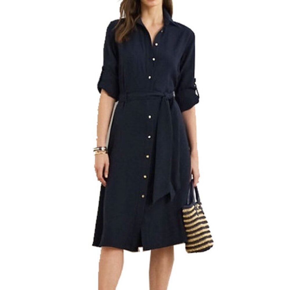 LRL Georgette Long Sleeve Button Down Flare Shirtdress 4 Dark Navy Dress